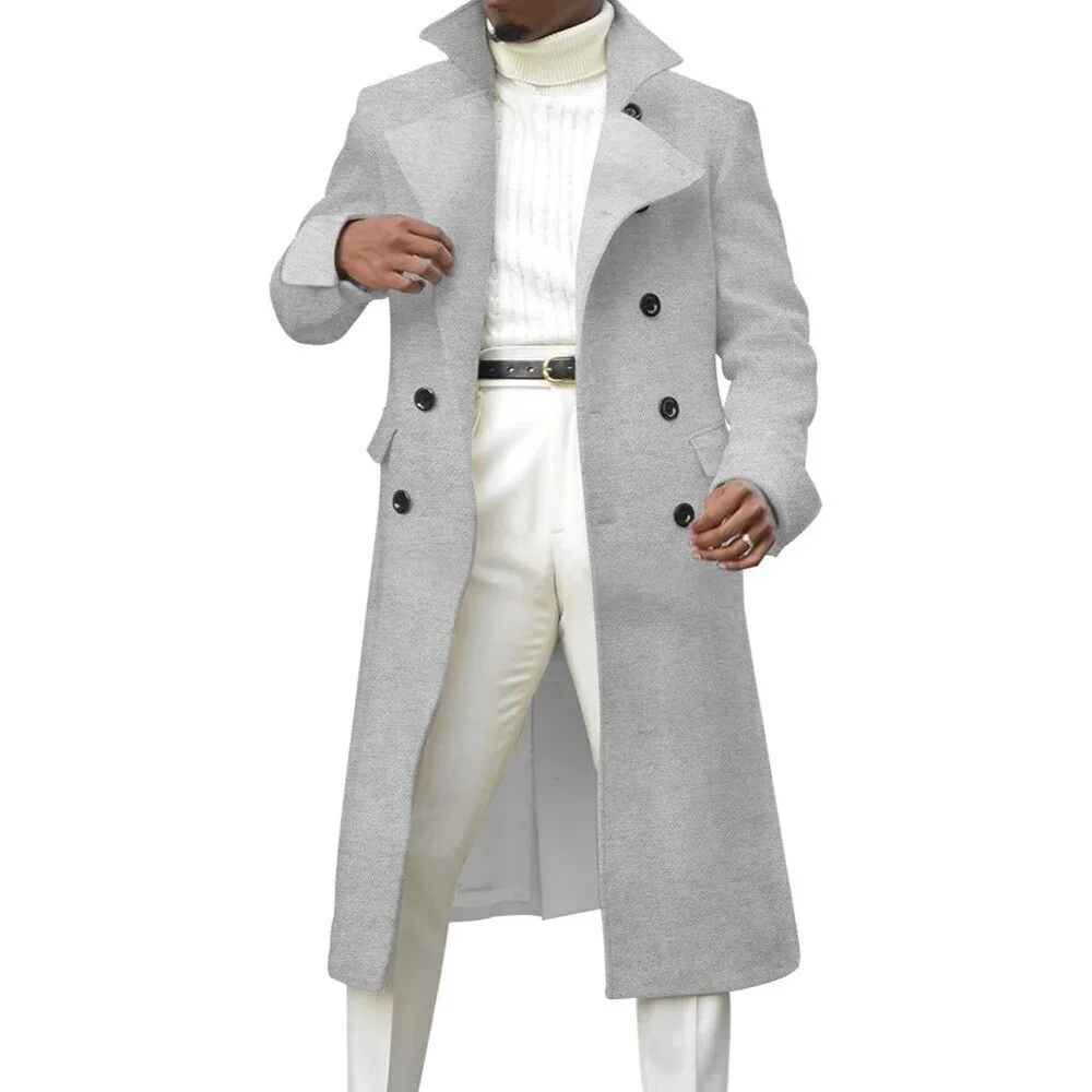 Men's Light Grey Notch Lapel Double Breasted Trench Coat Cotton Blend Pea coat